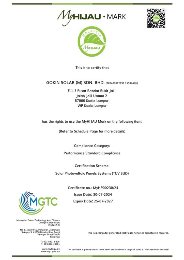 MyHIJAU Mark certification for Gokin Solar