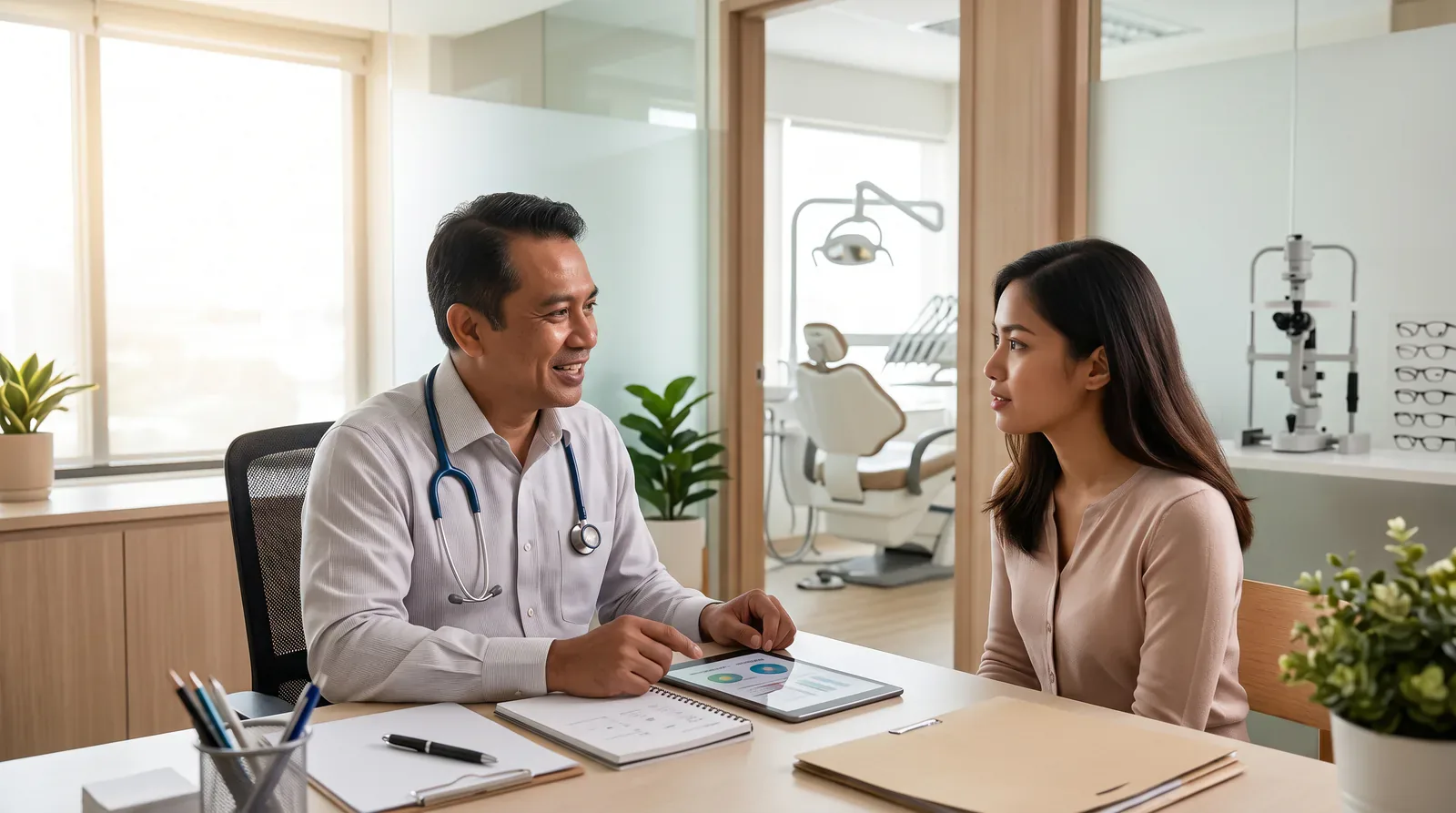Doctor consulting with a patient at a general, dental and optical clinic
