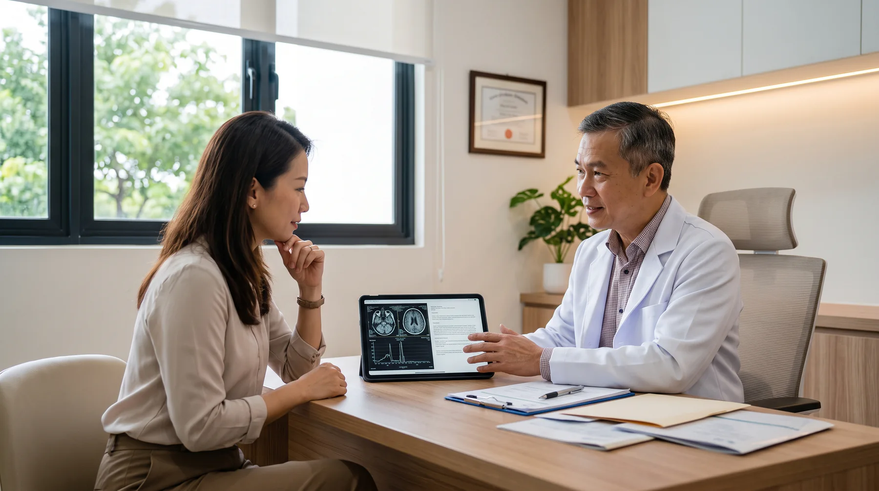 Medical specialist explaining diagnostic imaging during an independent review
